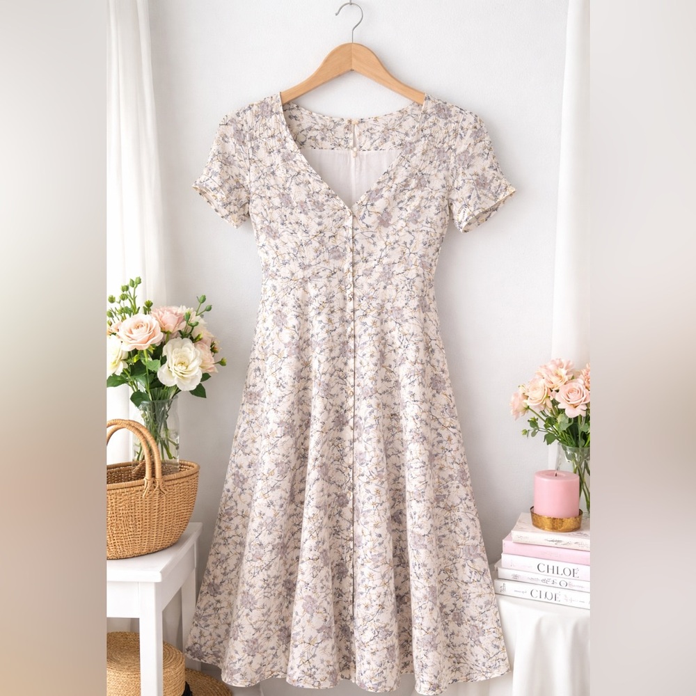 Free People Floral V-Neck Midi Dress - Cream and Gray